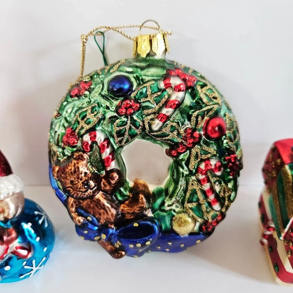Vintage Brass Key Hand-Painted Glass Christmas Ornaments Bear Wreath Gift Stack